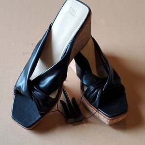 Time and Tru Black Knotted Faux-Leather Cork Wedge Sandals